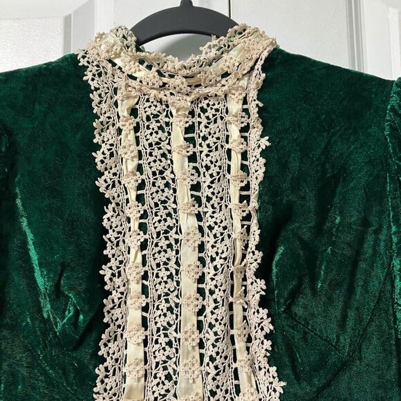 Vintage Green Velvet Victorian Dress 80s Handmade Lace Puff Sleeve Goth Whimsy - Picture 8 of 16